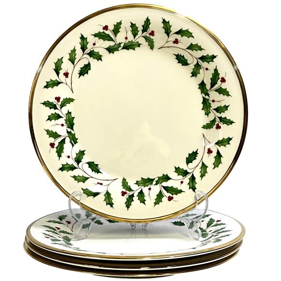 Lenox Holiday Dimension Dinner Plates Holly and Berry Ivory Gold Trim-Set of 4 - Picture 1 of 8